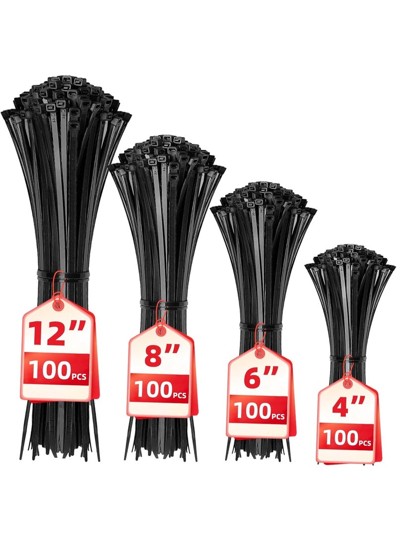 ربطات كابل زيب أسود ، 400 حزمة أحجام مختلفة 4 + 6 + 8 + 12 بوصة ، نايلون ، متعددة الأغراض ، قفل ذاتي - Image 1